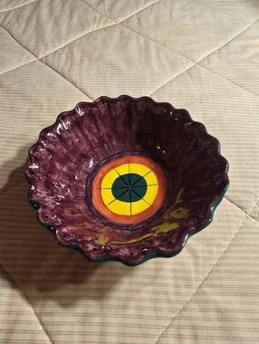 Vintage Handmade Art Pottery Bowl Ruffle Edge Decorative